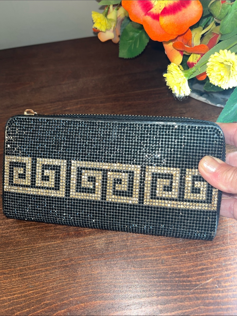 Black and Gold Crystal Zip Wallet NWOT